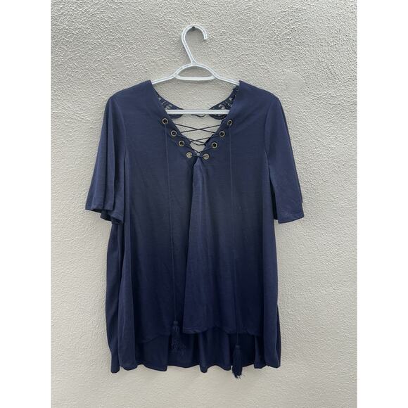 Xhilaration Juniors Blouse Size XXL Blue Cross V-Neck Embroidered Lace Back - Picture 1 of 11